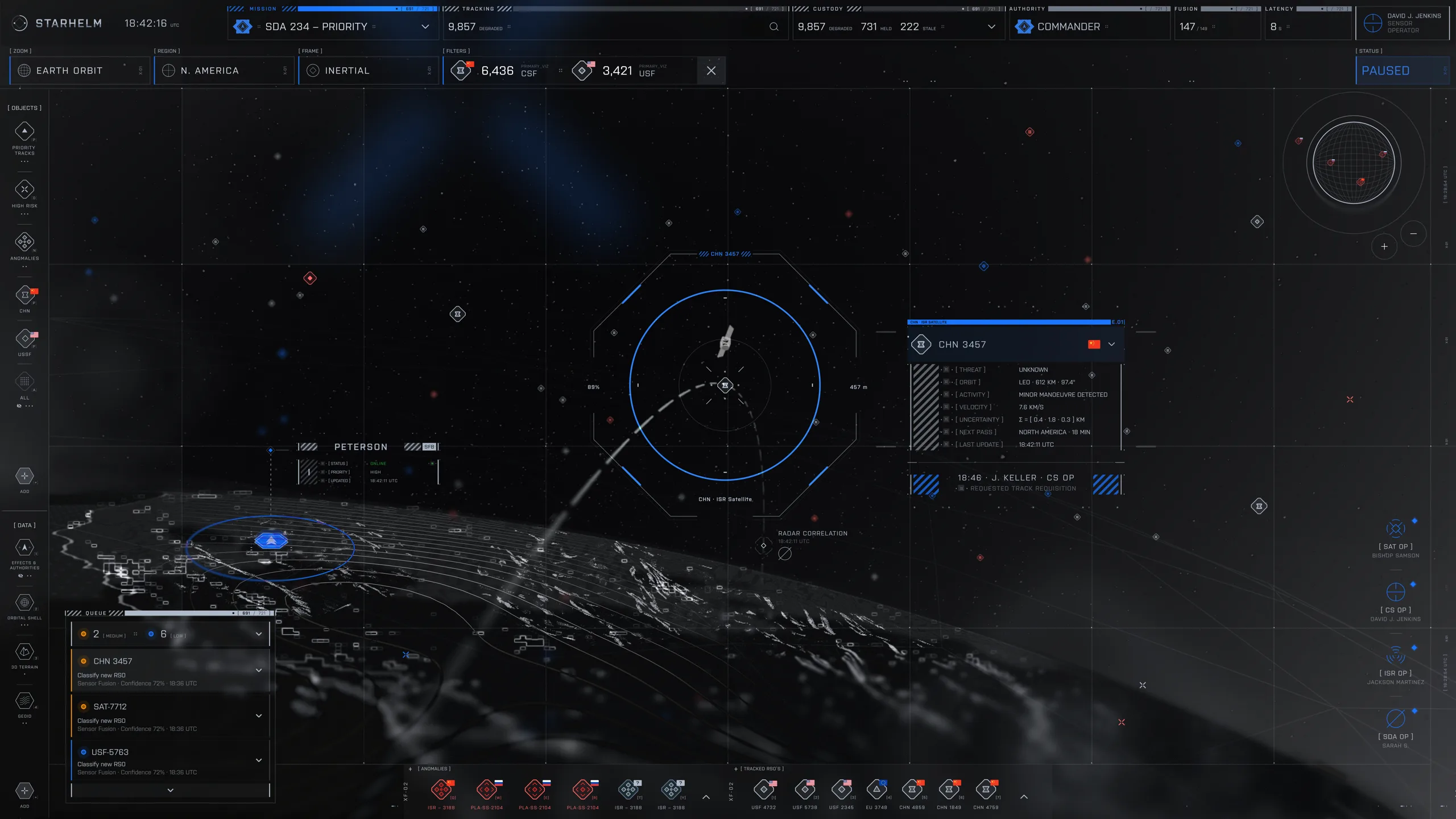 STARHELM concept operator surface showing a selected orbital track and role-aware mission controls