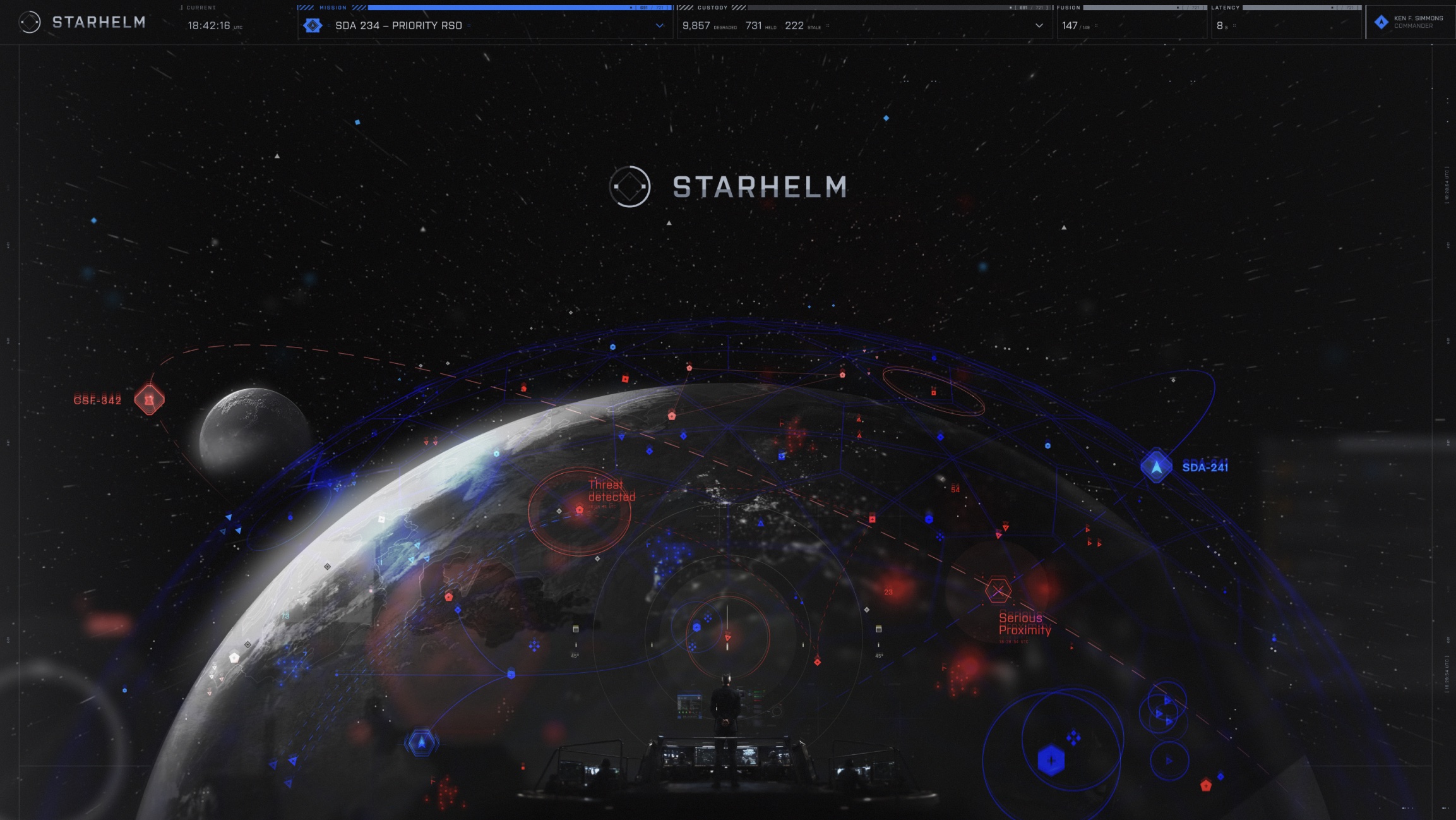 STARHELM command-theater concept with a commander facing an orbital mission picture